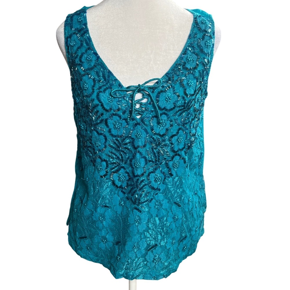 Teal Lace Overlay Sleeveless Blouse with Tie Front